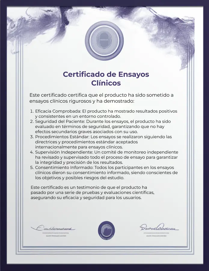 Certificación que respalda los ensayos clínicos del producto Certificado de ensayos clínicos realizados